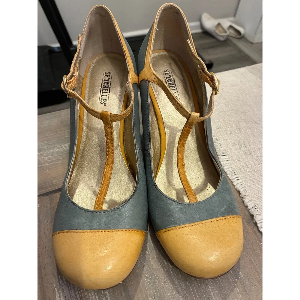 Seychelles Women Blue Yellow Leather T-Strap Wedge Heels Retro Round Toe Size‎ 7